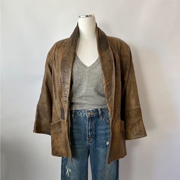 Vintage 90s Vera Pelle Leather Jacket | Distressed Brown Shawl Collar. - Picture 3 of 8